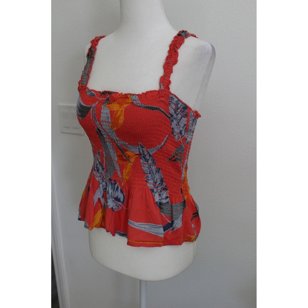 Patrons of Peace Women's Coral Tropical Floral Smocked Peplum Tank Top Medium - Picture 2 of 8